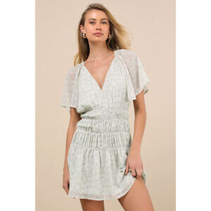 Lulus Chrislyn Light Sage Floral Flutter Sleeve Mini Dress Green - Size L